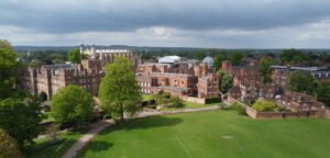 Aerial view of Eton College in Windsor; no child is pictured.