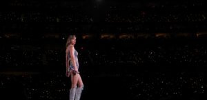 Taylor Swift performing on the Eras Tour at SoFi Stadium in August 2023.