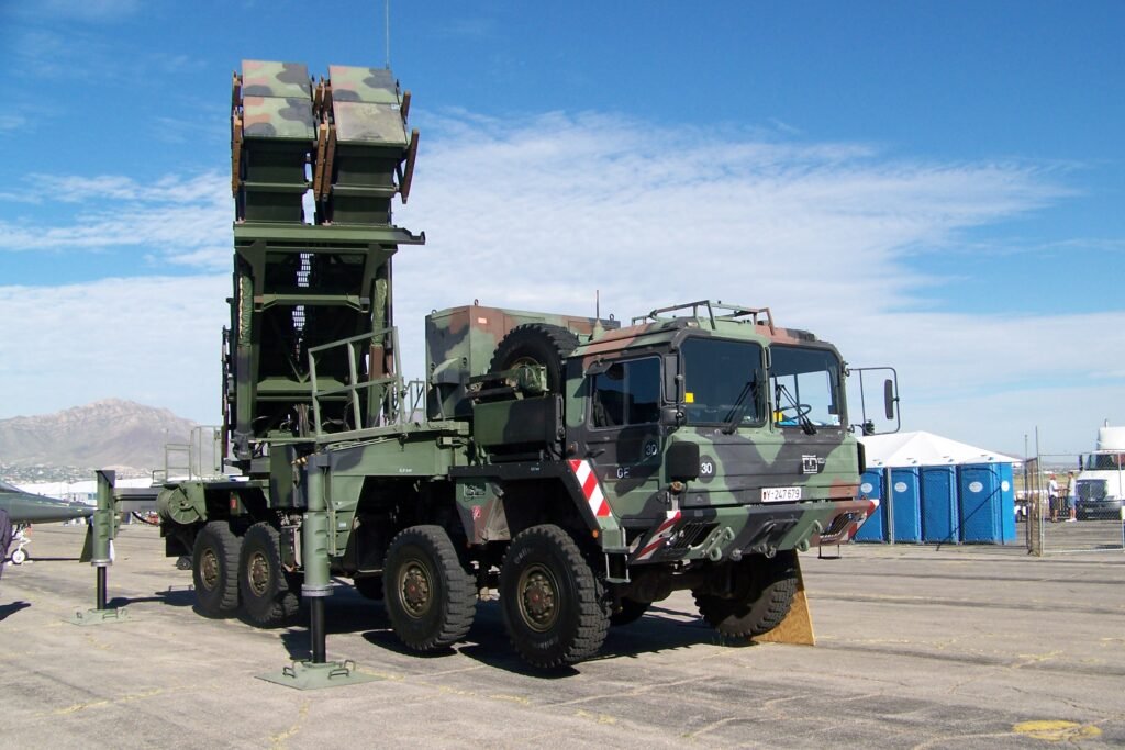 A Patriot surface-to-air missile launcher on display at Fort Bliss